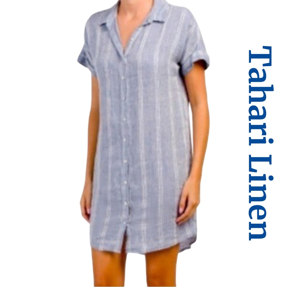 Tahari Linen Stripe Shirt Dress Size Medium